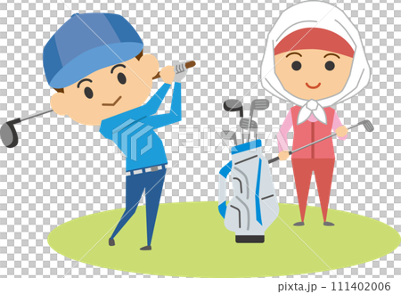 ゴルフをする男性とキャディーさんのイメージイラスト 111402006