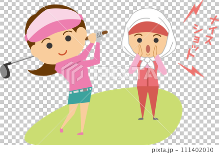 Image illustration of a woman playing golf and a caddy 111402010