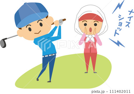 ゴルフをする男性とキャディーさんのイメージイラスト 111402011