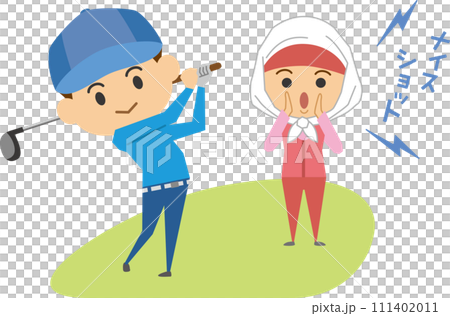 Image illustration of a man and a caddy playing golf 111402011