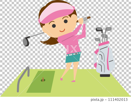 Image illustration of a woman taking a swing at a golf driving range 111402013