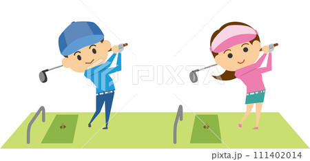 ゴルフ練習場でスイングをする男女のイメージイラスト 111402014
