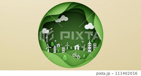 3d eco paper cut. many building and green leaves, save the planet and energy concept, paper 3d rendering illustration. 111402016