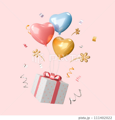 Valentine s day concept. 3D heart hot air flying with gift box isolated on pink background with clipping path. Love concept for happy mother s day, valentine s day, birthday day. 3d render 111402022