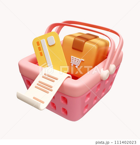 3d Parcel box and credit card in shopping basket. delivery and online shopping advertising concept. icon isolated on white background. 3d rendering illustration. Clipping path. 111402023