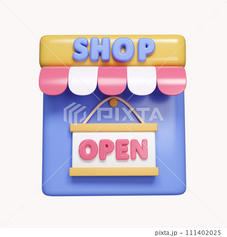 3d shop was opened. shopping online concept. Marketing and Digital marketing promotion. icon isolated on white background. 3d rendering illustration. Clipping path. 111402025