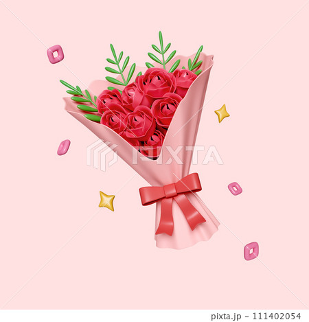 Flower shop florist icons isolated image of red rose flowers bunch rolled in paper. clipping path. 3d rendering illustration 111402054