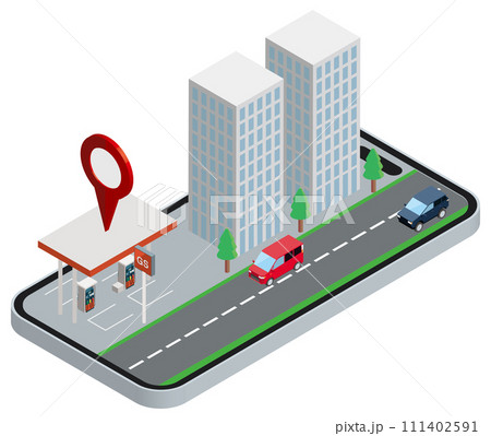 ナビゲーションのイメージイラスト　スマートフォンの画面に立体的なビルとガソリンスタンド　アイソメ 111402591