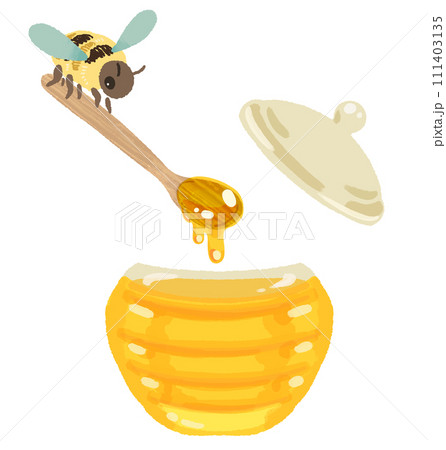 水彩風の蜂蜜瓶とミツバチのイラスト 111403135