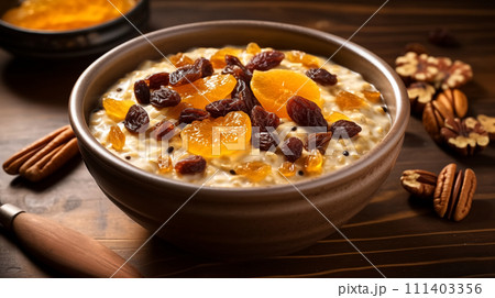 Oatmeal with raisins and dried apricots on wooden background Oatmeal with raisins and dried apricots on wooden background 111403356