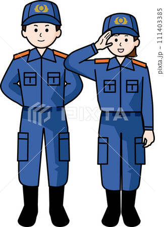 消防士　活動服の男性と女性 111403385