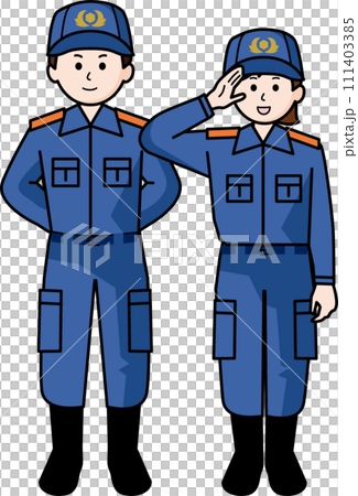 消防士　活動服の男性と女性 111403385