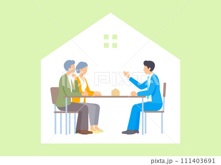 シニア夫婦に住宅の説明をする営業マン 111403691