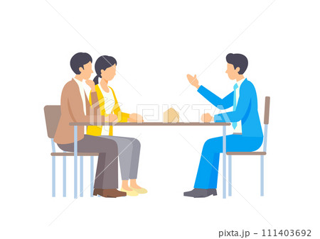 若い夫婦に住宅の説明をする営業マン 111403692