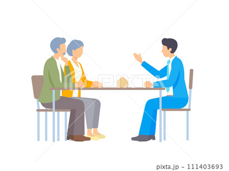 シニア夫婦に住宅の説明をする営業マン シニア夫婦に住宅の説明をする営業マン 111403693