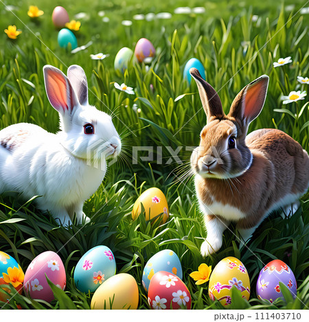 Rabbits and easter eggs on green grass. Easter day 111403710