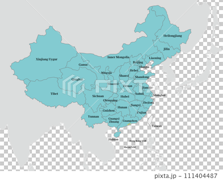 中国と台湾の地図、省の境界線、香港、マカオ、英語の地名入り 111404487