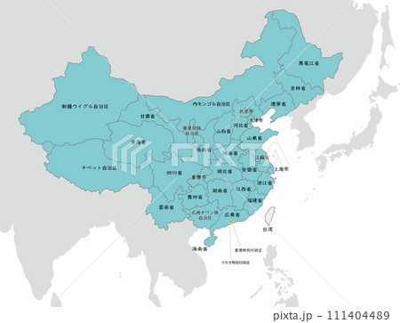 中国と台湾の地図、省の境界線、香港、マカオ、日本語の地名入り 111404489