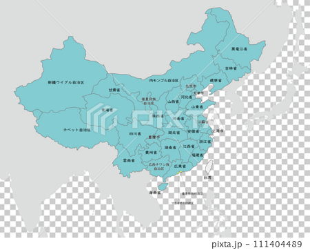 中国と台湾の地図、省の境界線、香港、マカオ、日本語の地名入り 111404489