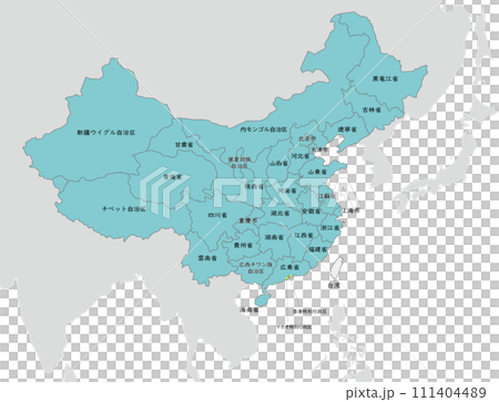 中国と台湾の地図、省の境界線、香港、マカオ、日本語の地名入り 111404489