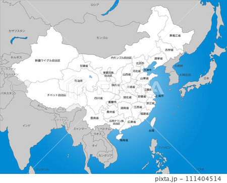 中国、台湾と周辺国の白地図、国境線、日本語の地名入り 111404514