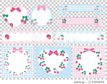 Cute frame set of strawberries and cherries. strawberry, cherry, girly, ribbon 111404834