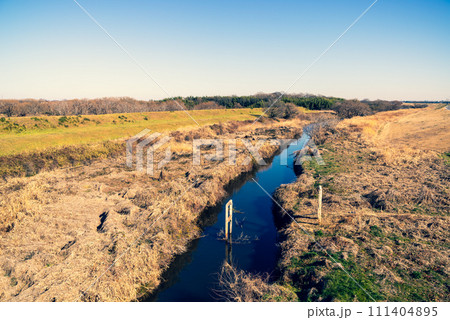 冬の河川敷の風景 枯草と川の流れ 埼玉県小畔川　暖色寒色強調 111404895