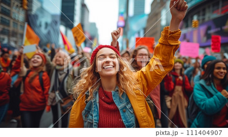 Women's march. Diverse participants walking down a street. Fight for women's rights. AI Generated 111404907
