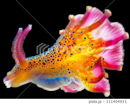 A colorful sea slug with yellow and purple spikes on a white background A colorful sea slug with yellow and purple spikes on a white background 111404931