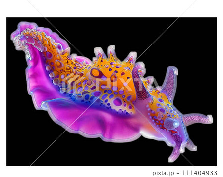 A colorful sea slug with yellow and purple spikes on a white background A colorful sea slug with yellow and purple spikes on a white background 111404933
