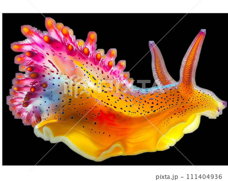 A colorful sea slug with yellow and purple spikes on a white background A colorful sea slug with yellow and purple spikes on a white background 111404936