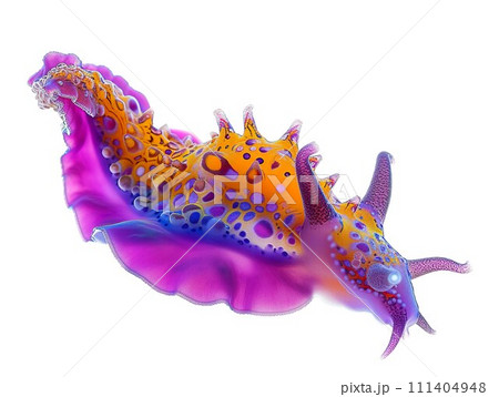 A colorful sea slug with yellow and purple spikes on a white background 111404948