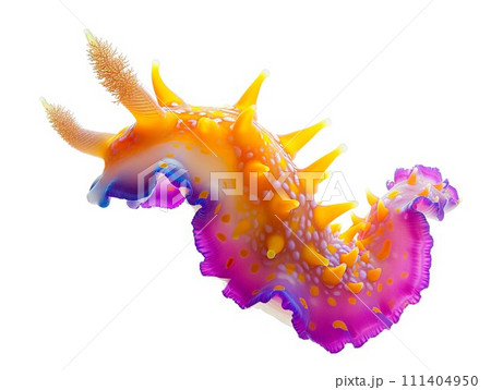A colorful sea slug with yellow and purple spikes on a white background 111404950