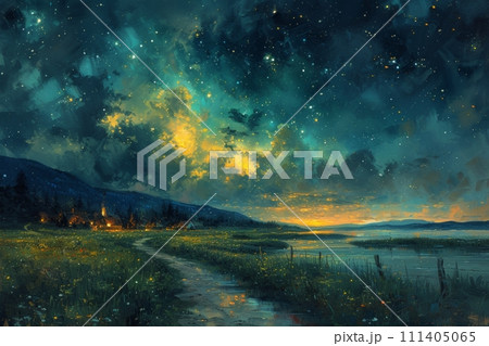 宇宙の息吹を感じる夜: 神秘的な光の油絵 AI画像 20 111405065