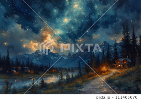 宇宙の息吹を感じる夜: 神秘的な光の油絵 AI画像 24 111405070