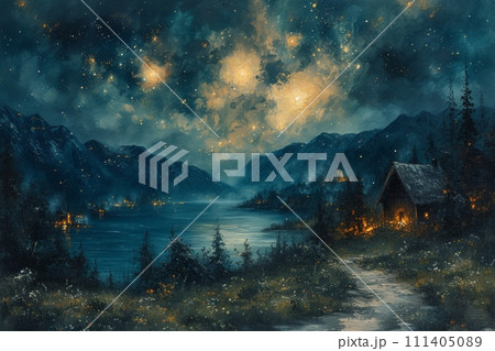 宇宙の息吹を感じる夜: 神秘的な光の油絵 AI画像 35 宇宙の息吹を感じる夜: 神秘的な光の油絵 AI画像 35 111405089