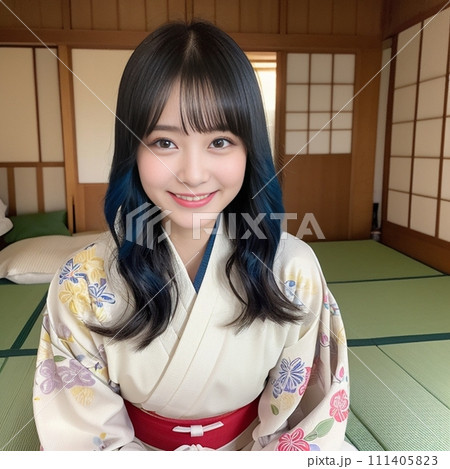 古民家の和室でポーズをとる若く美しい着物女性(Generative AI) 111405823