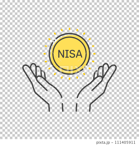 NISA letters and icon of a person's hand holding a coin - Simple investment, profit and revenue image material 111405911