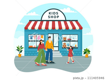 Kids Shop Vector Illustration with Boys and Girls Children Equipment such as Clothes or Toys for Shopping Concept in Flat Cartoon Background 111405946