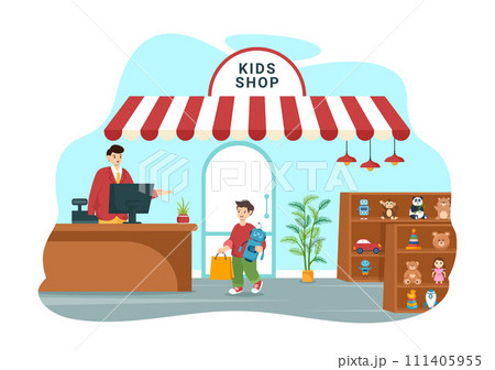 Kids Shop Vector Illustration with Boys and Girls Children Equipment such as Clothes or Toys for Shopping Concept in Flat Cartoon Background Kids Shop Vector Illustration with Boys and Girls Children Equipment such as Clothes or Toys for Shopping Concept in Flat Cartoon Background 111405955