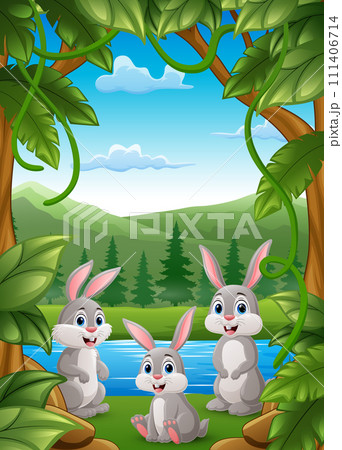 Cute three rabbits cartoon in the jungle 111406714