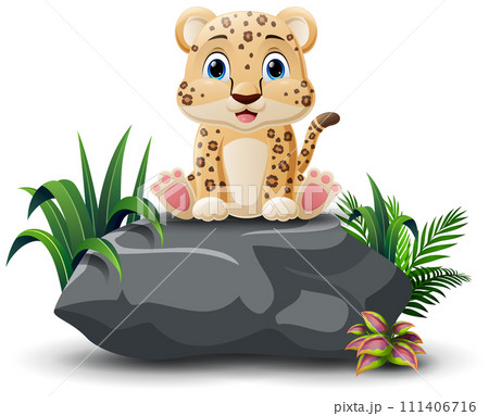 Cute leopard cartoon sitting on the stone 111406716