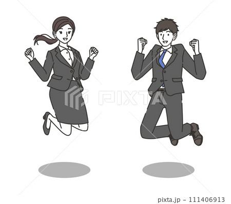 ジャンプするスーツを着た男性と女性 111406913