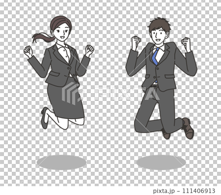 ジャンプするスーツを着た男性と女性 111406913