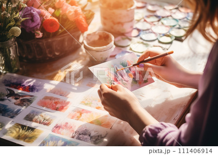 AI-generated content. woman painting postcards with watercolor in morning. The concept of preparing for Easter. View from above. Selective focus, 111406914