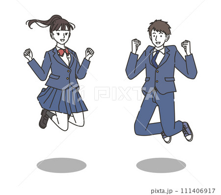 ジャンプする女子高校生と男子高校生 111406917