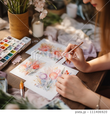 AI-generated content. A brush in the process of painting postcards with flowers by watercolor. The concept of woman day. View from above. Selective focus, 111406920