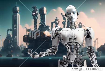 未来都市のスカイラインに浮かぶロボット工場　AI生成画像　ロボット　工場　未来都市　工業都市　SF 111406968