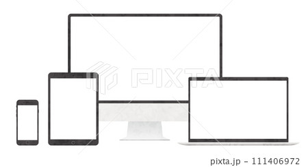 スマホ、タブレット、デスクトップパソコン、ノートパソコンの正面から見たベクターイラスト、水彩画風 スマホ、タブレット、デスクトップパソコン、ノートパソコンの正面から見たベクターイラスト、水彩画風 111406972