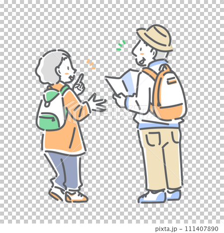 A simple and stylish line drawing illustration of a senior couple enjoying traveling 111407890